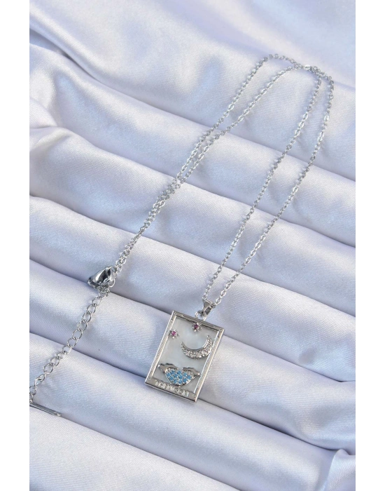 316L Çelik Zincir Gümüş Renk Zirkon Taşlı Ay Figürlü Tarot Kolye