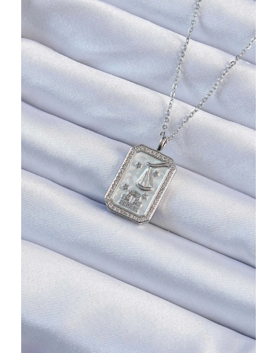 316L Çelik Zincir Gümüş Renk Zirkon Taşlı Çerçeveli Tarot Kolye