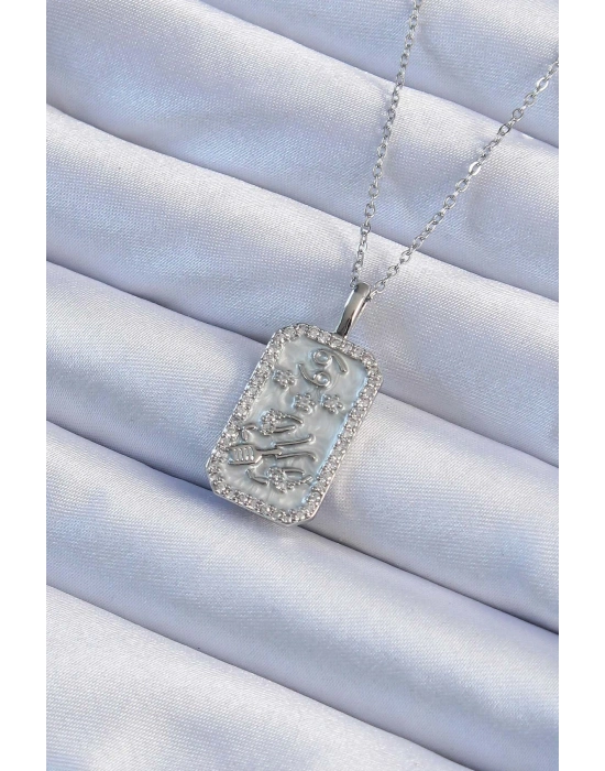 316L Çelik Zincir Gümüş Renk Zirkon Taşlı Çerçeveli Tarot Kolye
