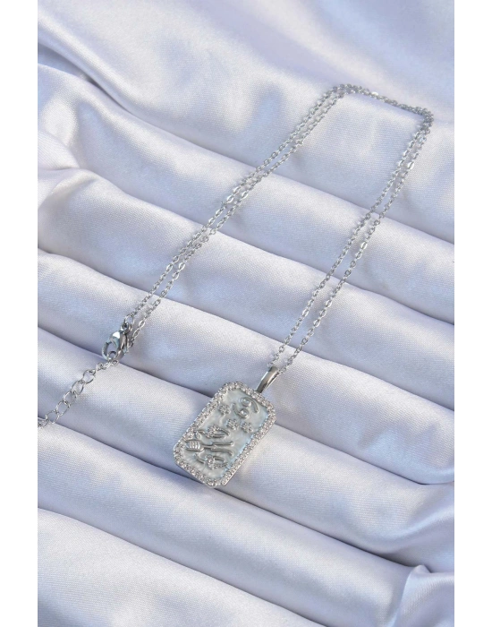 316L Çelik Zincir Gümüş Renk Zirkon Taşlı Çerçeveli Tarot Kolye