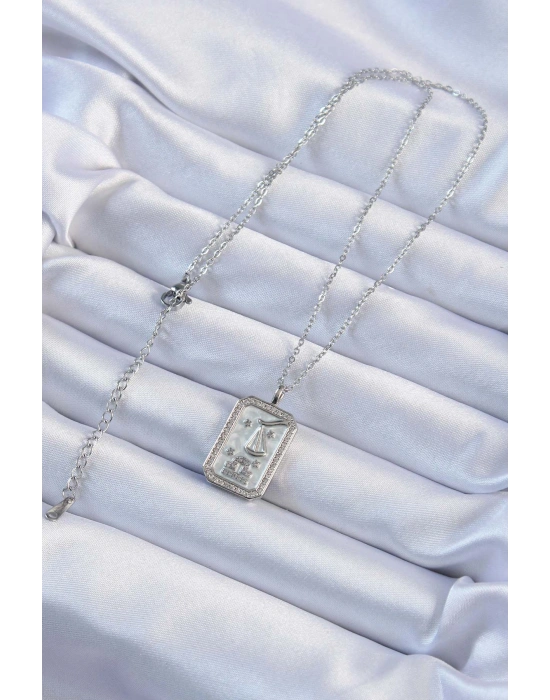 316L Çelik Zincir Gümüş Renk Zirkon Taşlı Çerçeveli Tarot Kolye