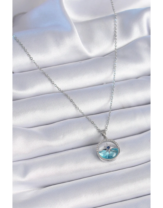 316L Çelik Zincir Gümüş Renk Zirkon Taşlı Deniz Görünüm Kutup Yıldızı Kolye