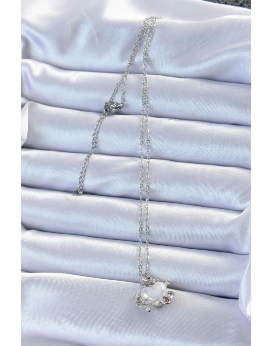 316L Çelik Zincir Gümüş Renk Zirkon Taşlı Gezegen Görünümlü Kalp Kolye