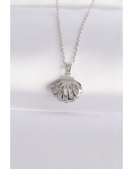 316L Çelik Zincir Gümüş Renk Zirkon Taşlı İnci Detay İstiridye Kolye