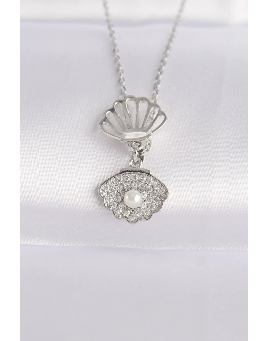 316L Çelik Zincir Gümüş Renk Zirkon Taşlı İnci Detay İstiridye Kolye