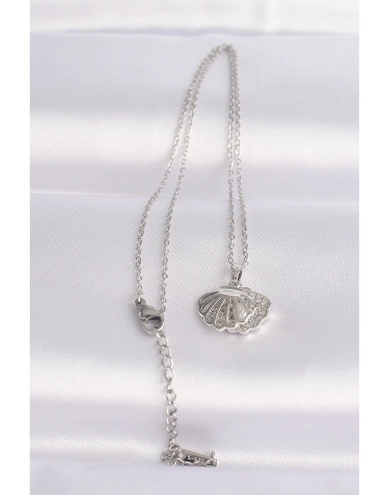 316L Çelik Zincir Gümüş Renk Zirkon Taşlı İnci Detay İstiridye Kolye