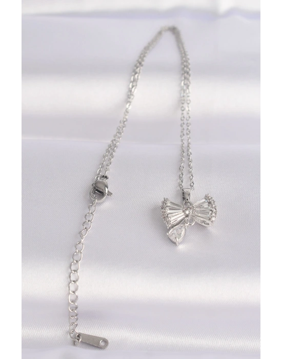 316L Çelik Zincir Gümüş Renk Zirkon Taşlı Kalp Detay Fiyonk Kolye