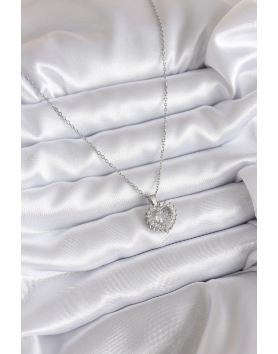 316L Çelik Zincir Gümüş Renk Zirkon Taşlı Kalp Model Kadın Kolye
