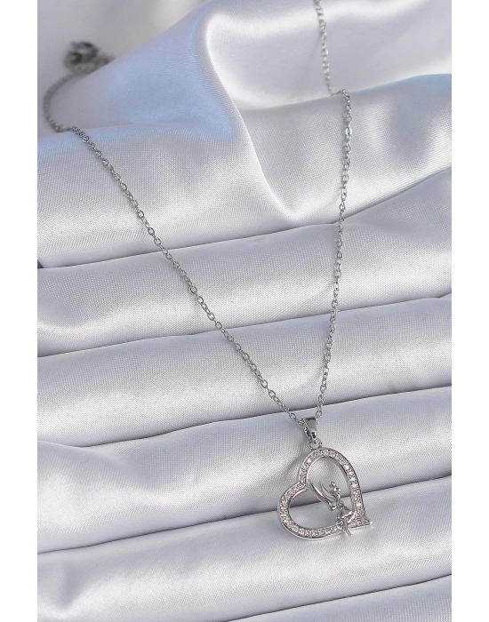 316L Çelik Zincir Gümüş Renk Zirkon Taşlı Kalp Model Melek Detay Kadın Kolye
