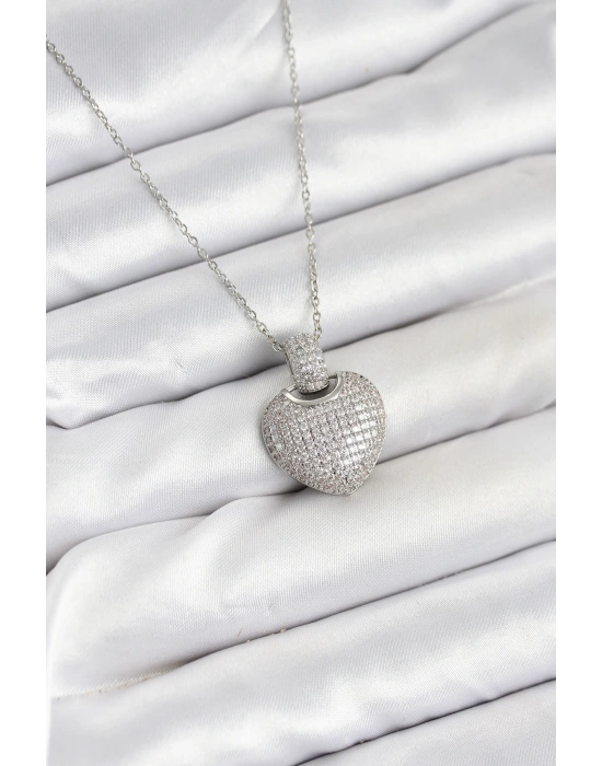 316L Çelik Zincir Gümüş Renk Zirkon Taşlı Kalpli Kadın Kolye