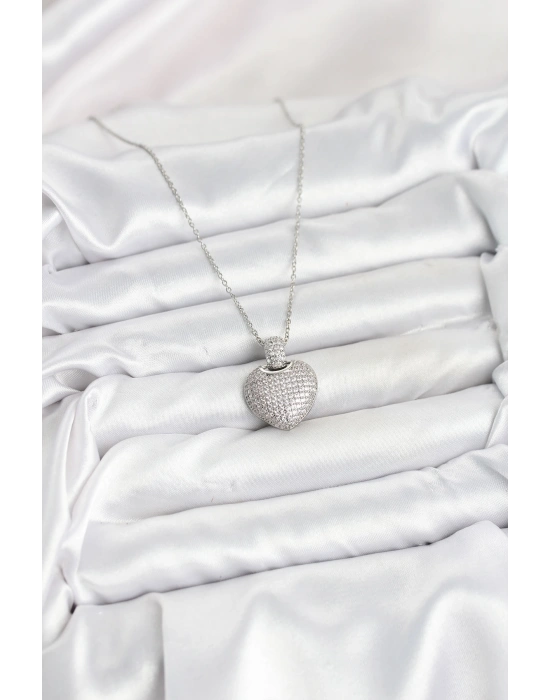 316L Çelik Zincir Gümüş Renk Zirkon Taşlı Kalpli Kadın Kolye