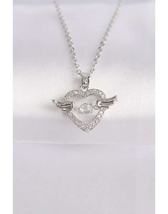 316L Çelik Zincir Gümüş Renk Zirkon Taşlı Kanatlı Kalp Kolye