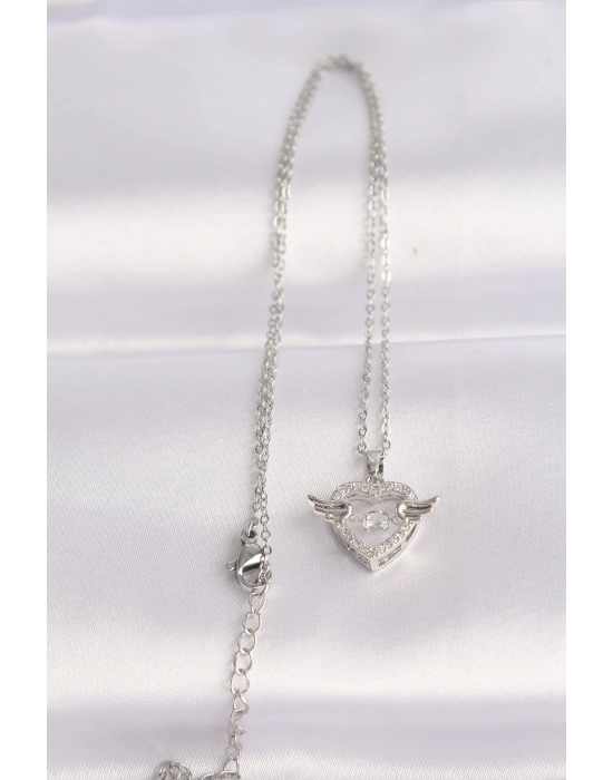 316L Çelik Zincir Gümüş Renk Zirkon Taşlı Kanatlı Kalp Kolye