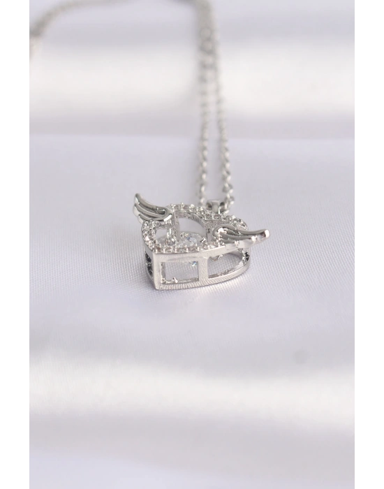 316L Çelik Zincir Gümüş Renk Zirkon Taşlı Kanatlı Kalp Kolye