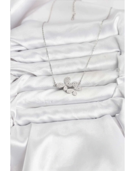 316L Çelik Zincir Gümüş Renk Zirkon Taşlı Kelebek Model Kadın Kolye