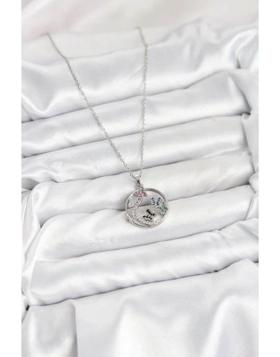 316L Çelik Zincir Gümüş Renk Zirkon Taşlı Kelebekli Kadın Kolye