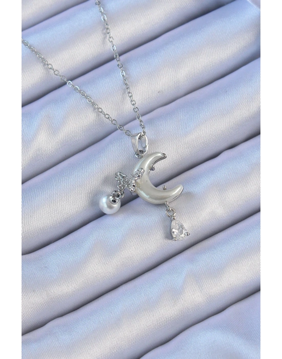 316L Çelik Zincir Gümüş Renk Zirkon Taşlı Kelebekli Mineli Ay Kolye