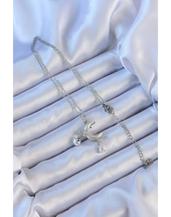 316L Çelik Zincir Gümüş Renk Zirkon Taşlı Kelebekli Mineli Ay Kolye