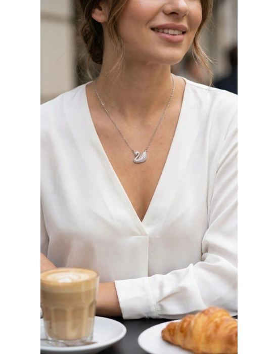 316L Çelik Zincir Gümüş Renk Zirkon Taşlı Kuğu Kolye