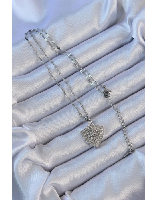 316L Çelik Zincir Gümüş Renk Zirkon Taşlı Kutup Yıldızı Kolye