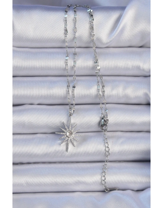 316L Çelik Zincir Gümüş Renk Zirkon Taşlı Kutup Yıldızı Kolye