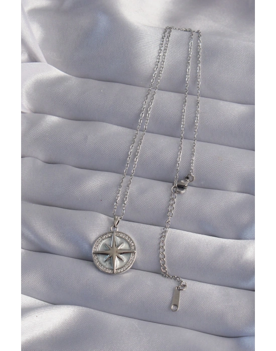 316L Çelik Zincir Gümüş Renk Zirkon Taşlı Kutup Yıldızı Kolye