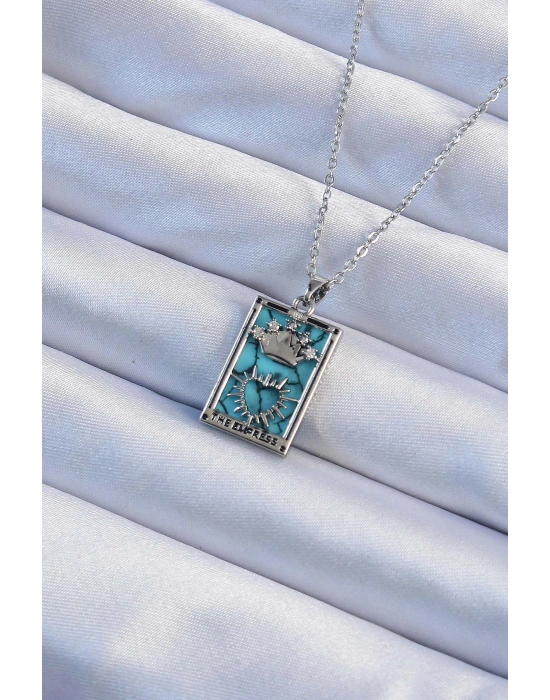 316L Çelik Zincir Gümüş Renk Zirkon Taşlı Mavi Mermer Desenli Taç Model Tarot Kolye