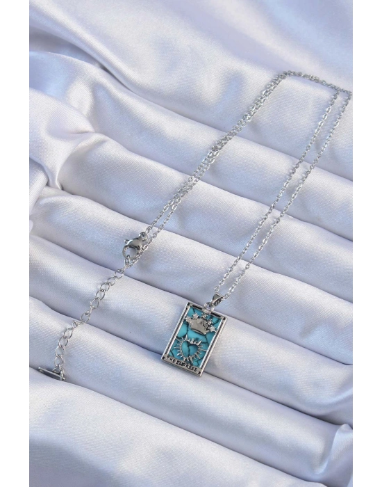 316L Çelik Zincir Gümüş Renk Zirkon Taşlı Mavi Mermer Desenli Taç Model Tarot Kolye