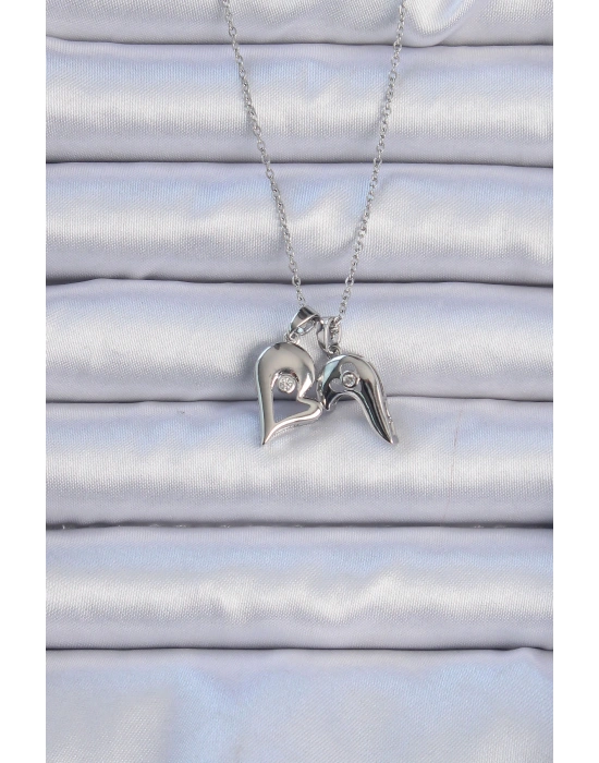 316L Çelik Zincir Gümüş Renk Zirkon Taşlı Mıknatıslı Kalp Kolye