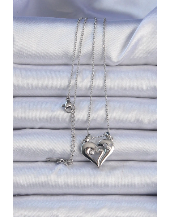 316L Çelik Zincir Gümüş Renk Zirkon Taşlı Mıknatıslı Kalp Kolye