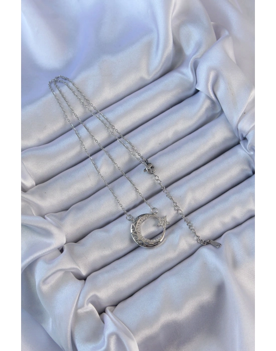 316L Çelik Zincir Gümüş Renk Zirkon Taşlı Motifli Ay Yıldız Kolye