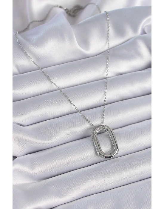316L Çelik Zincir Gümüş Renk Zirkon Taşlı Oval Halka Model Kadın Kolye