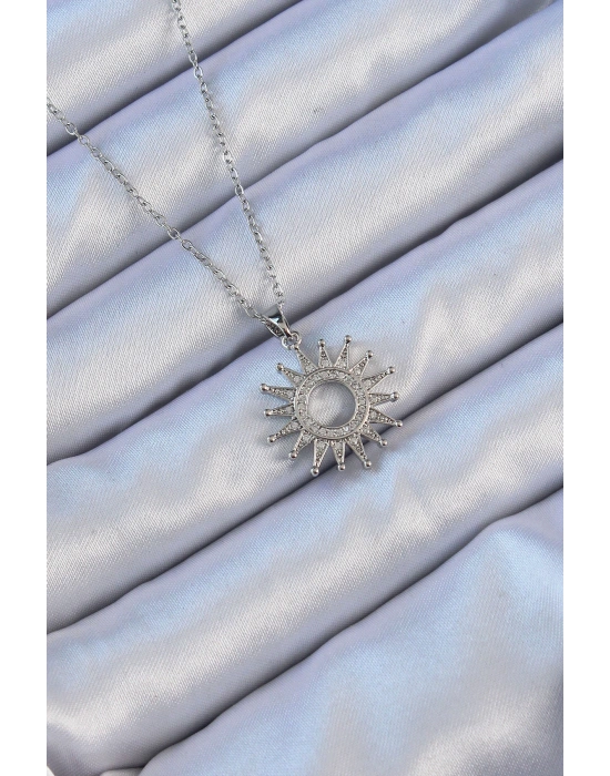 316L Çelik Zincir Gümüş Renk Zirkon Taşlı Parlayan Güneş Kolye