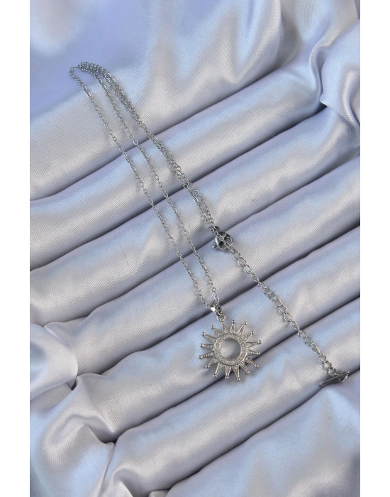 316L Çelik Zincir Gümüş Renk Zirkon Taşlı Parlayan Güneş Kolye
