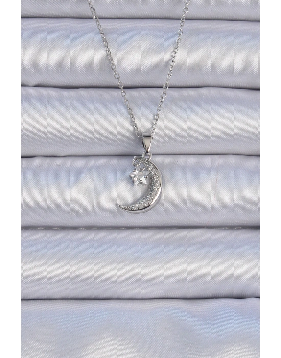 316L Çelik Zincir Gümüş Renk Zirkon Taşlı Sallantılı Ay Yıldız Kolye