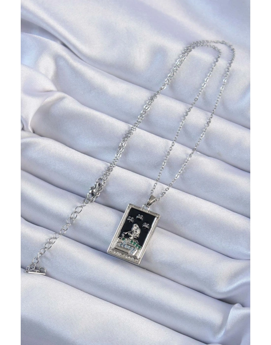 316L Çelik Zincir Gümüş Renk Zirkon Taşlı Siyah Mineli Kız Figürlü Tarot Kolye