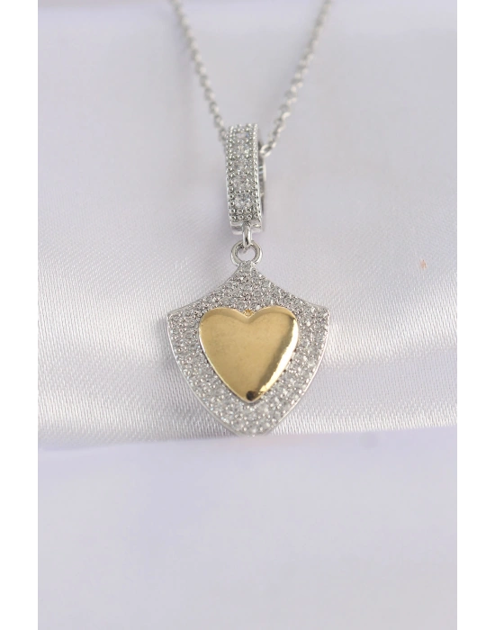 316L Çelik Zincir Gümüş Renk Zirkon Taşlı Tasarım Altın Renk Kalp Kolye