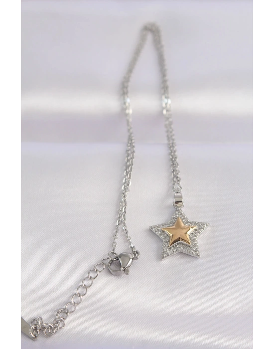 316L Çelik Zincir Gümüş Renk Zirkon Taşlı Tasarım Altın Renk Yıldız Kolye