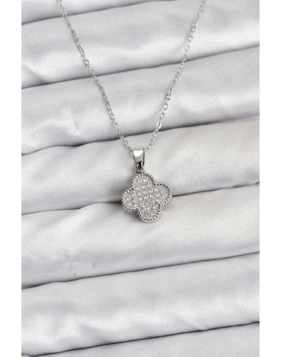 316L Çelik Zincir Gümüş Renk Zirkon Taşlı Yonca Model Kadın Kolye