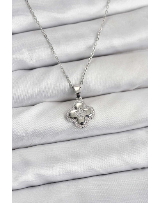 316L Çelik Zincir Gümüş Renk Zirkon Taşlı Yonca Model Kadın Kolye