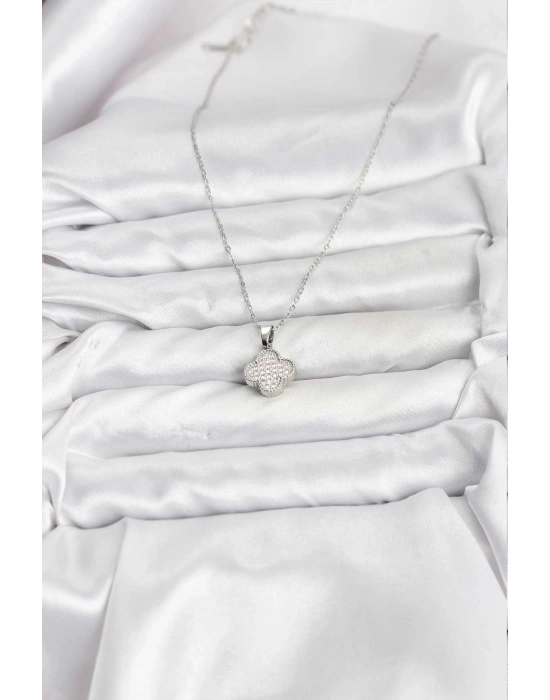 316L Çelik Zincir Gümüş Renk Zirkon Taşlı Yonca Model Kadın Kolye