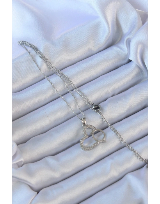 316L Çelik Zincir Gümüş Renk Zirkon Taşlı Yüzüklü Kalp Kolye