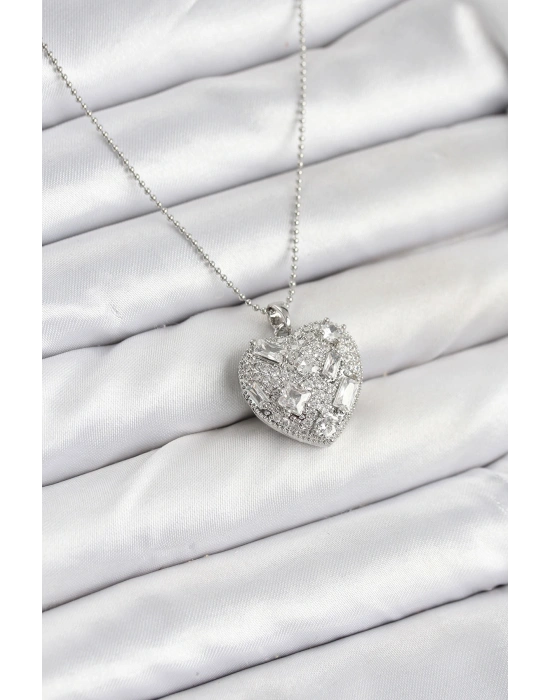 316L Çelik Zincir Gümüş Zirkon Taşlı Kalpli Kadın Kolye