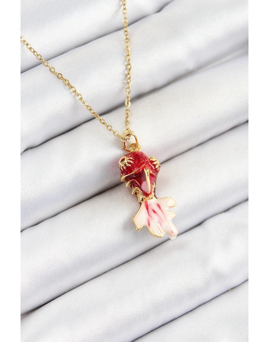 316L Çelik Zincir Kırmızı Balık Model Gold Renk Kadın Kolye