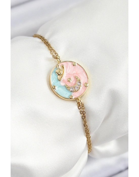 316L Çelik Zincir Mineli Sanatsal Portre Zirkon Taşlı Gezegen Model Gold Renk Kadın Bileklik