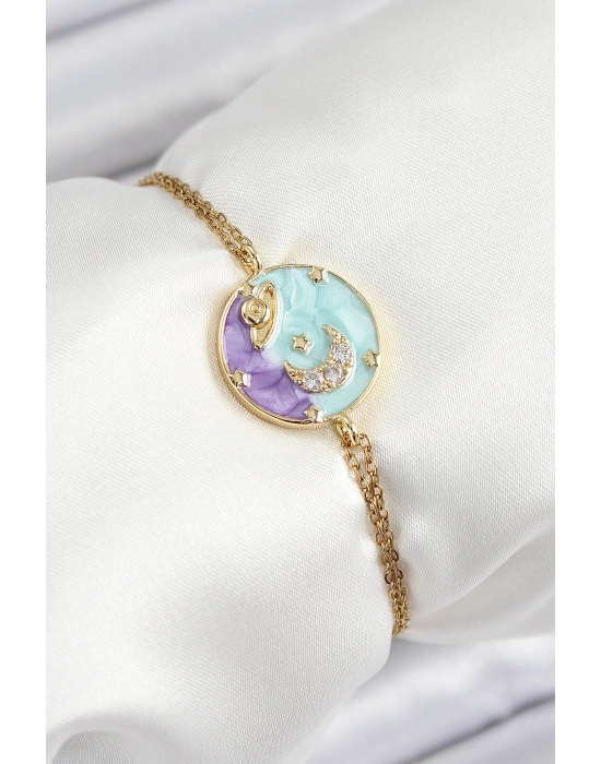 316L Çelik Zincir Mineli Sanatsal Portre Zirkon Taşlı Gezegen Model Gold Renk Kadın Bileklik