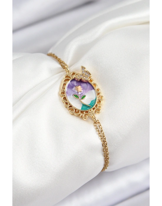 316L Çelik Zincir Mineli Sanatsal Portre Zirkon Taşlı Kelebek Detaylı Çiçek Model Gold Renk Kadın Bileklik