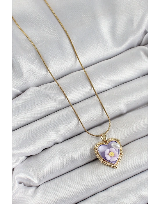 316L Çelik Zincir Mor Sanatsal Portre İnci Detaylı Papatya Figürlü Kalp Model Gold Renk Kadın Kolye