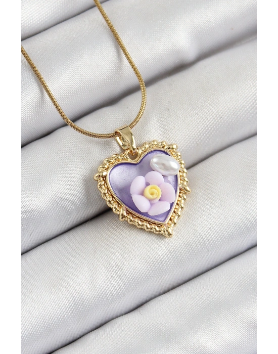316L Çelik Zincir Mor Sanatsal Portre İnci Detaylı Papatya Figürlü Kalp Model Gold Renk Kadın Kolye