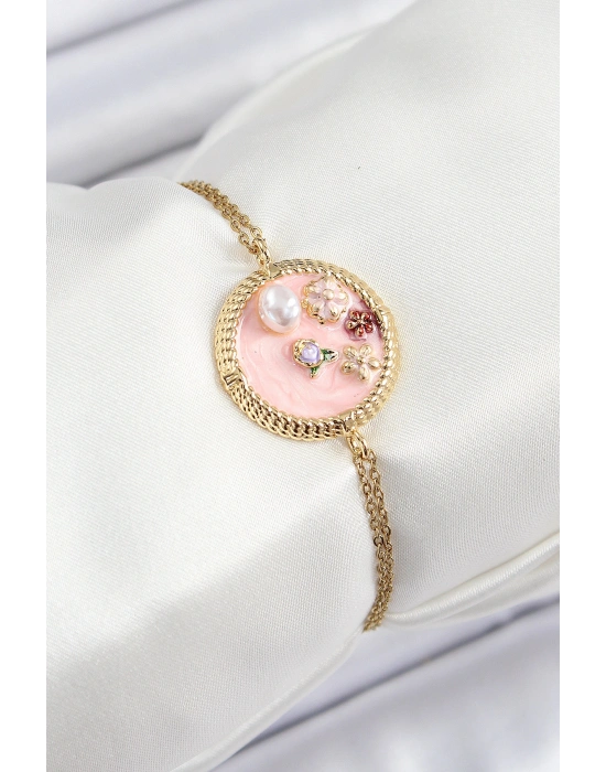 316L Çelik Zincir Pembe Mineli Sanatsal Portre İnci Detaylı Çiçek Model Gold Renk Kadın Bileklik